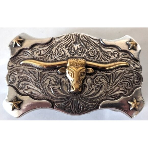 Texas Lornhorn Bull Western Cowboy Belt Buckle Solid Metal Silver Color Pin 3" - Picture 1 of 4